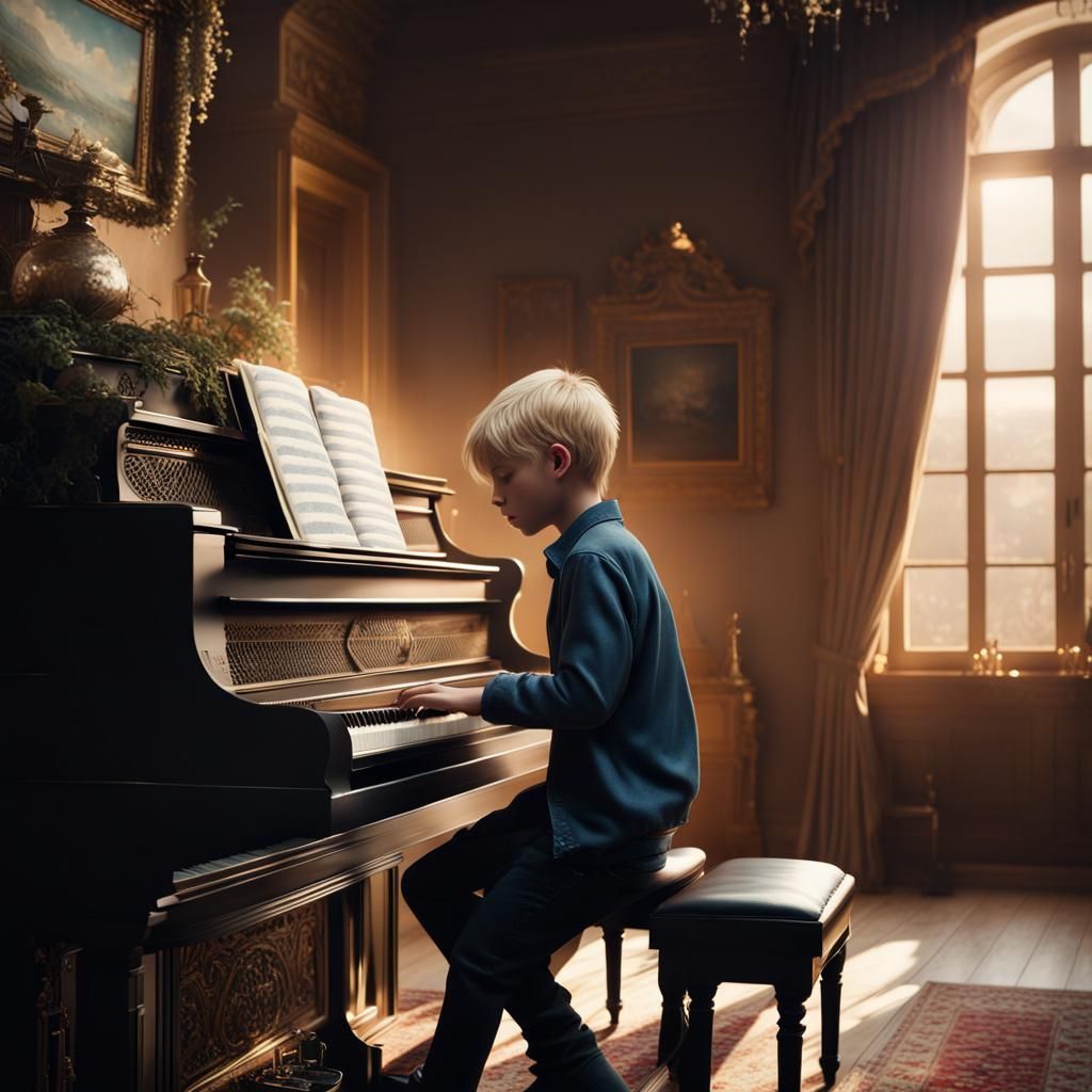Blonde Teenager Plays Piano: Epic Digital Painting