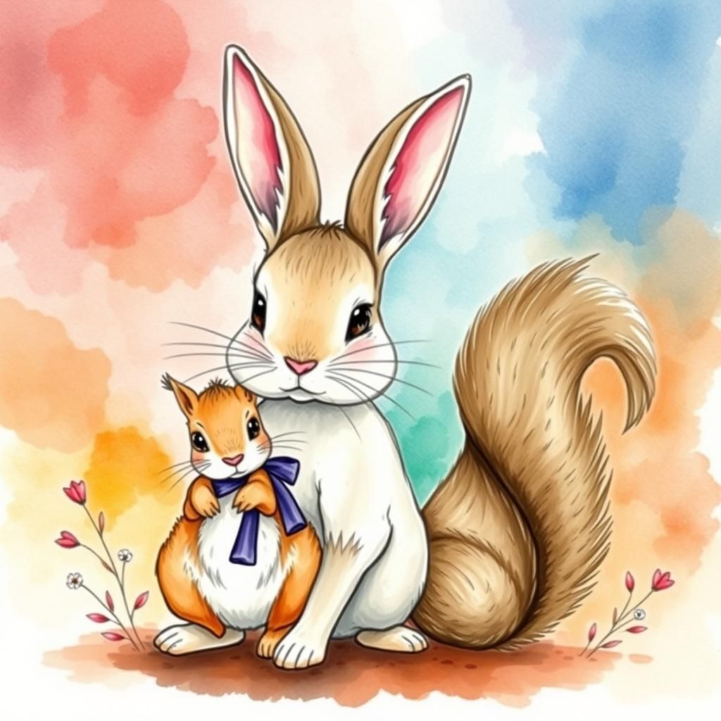 Elegant Rabbit and Squirrel in Watercolor and Ink