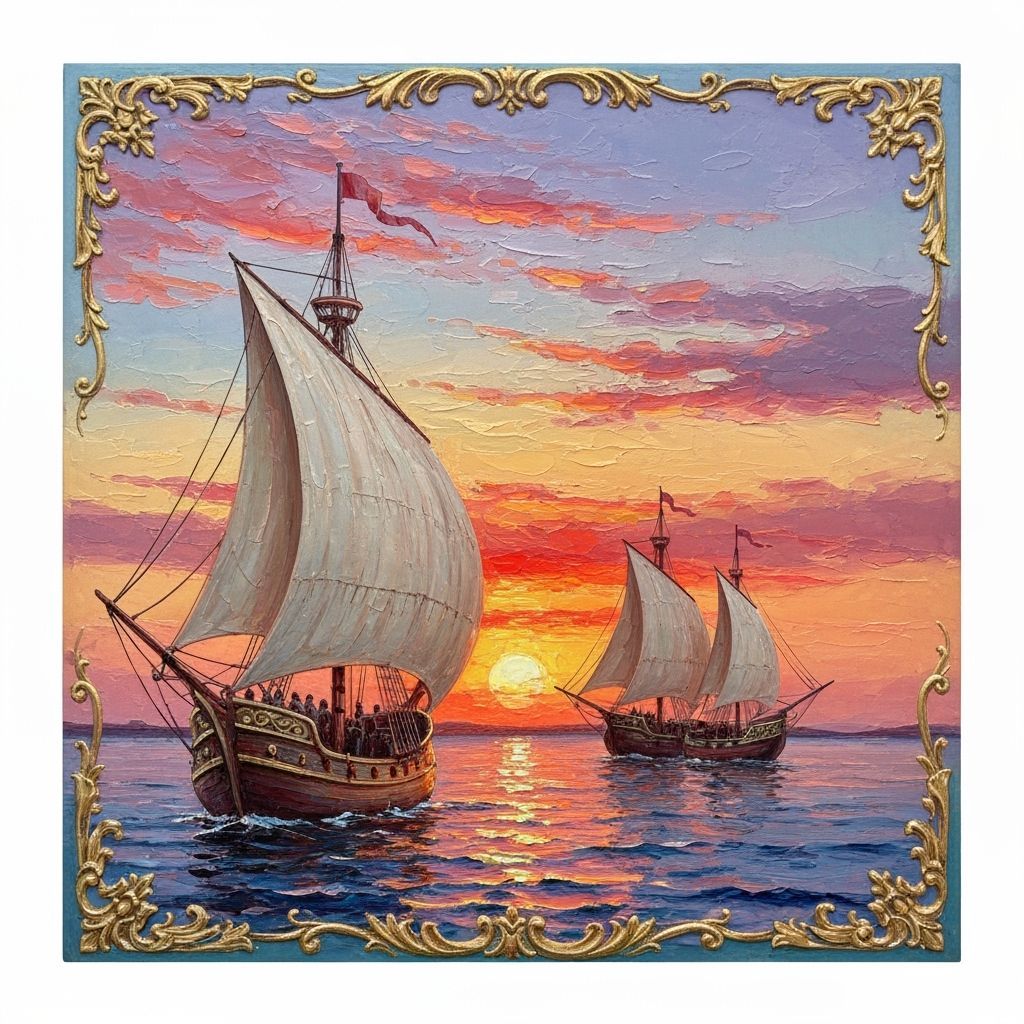 Caravels Sailing into Sunset in Rococo Style
