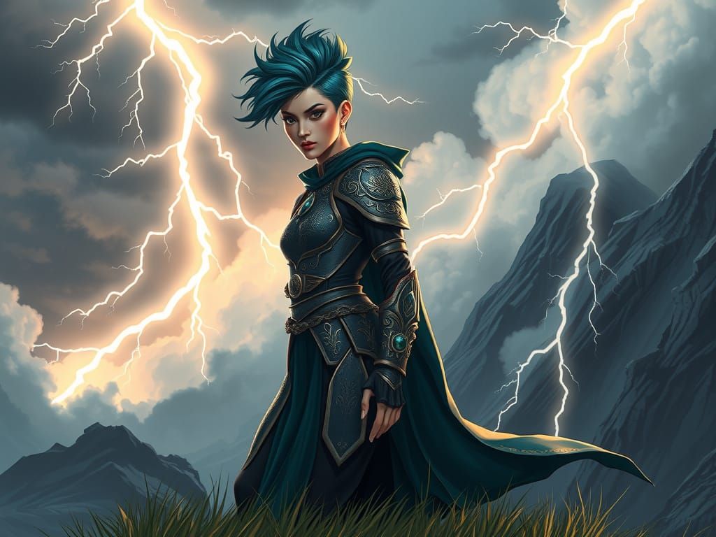 Mystical Tiger Priestess in Stormy Night Sky