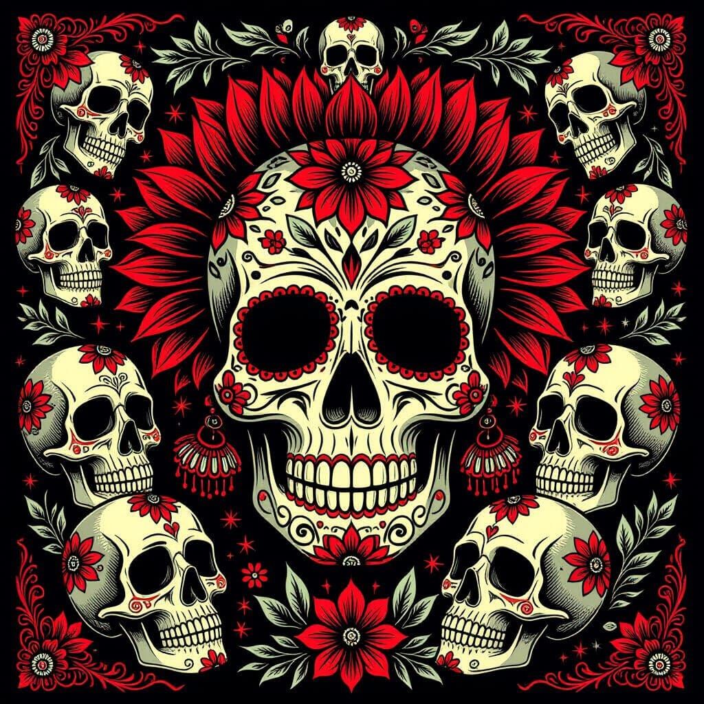 Vibrant Calavera Skull Illustrations in Red and Black