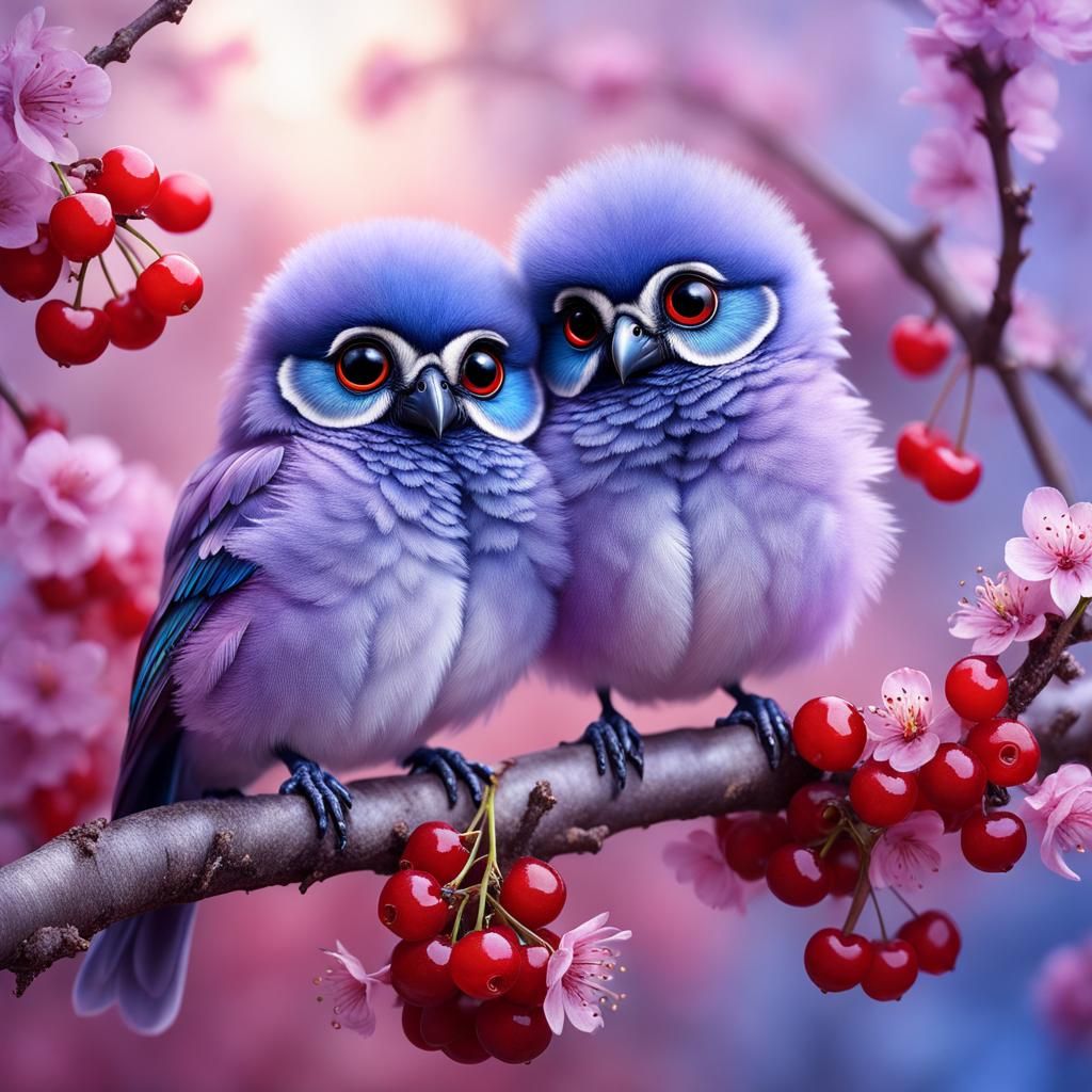 Fluffy Lavender Birds on Cherry Branch
