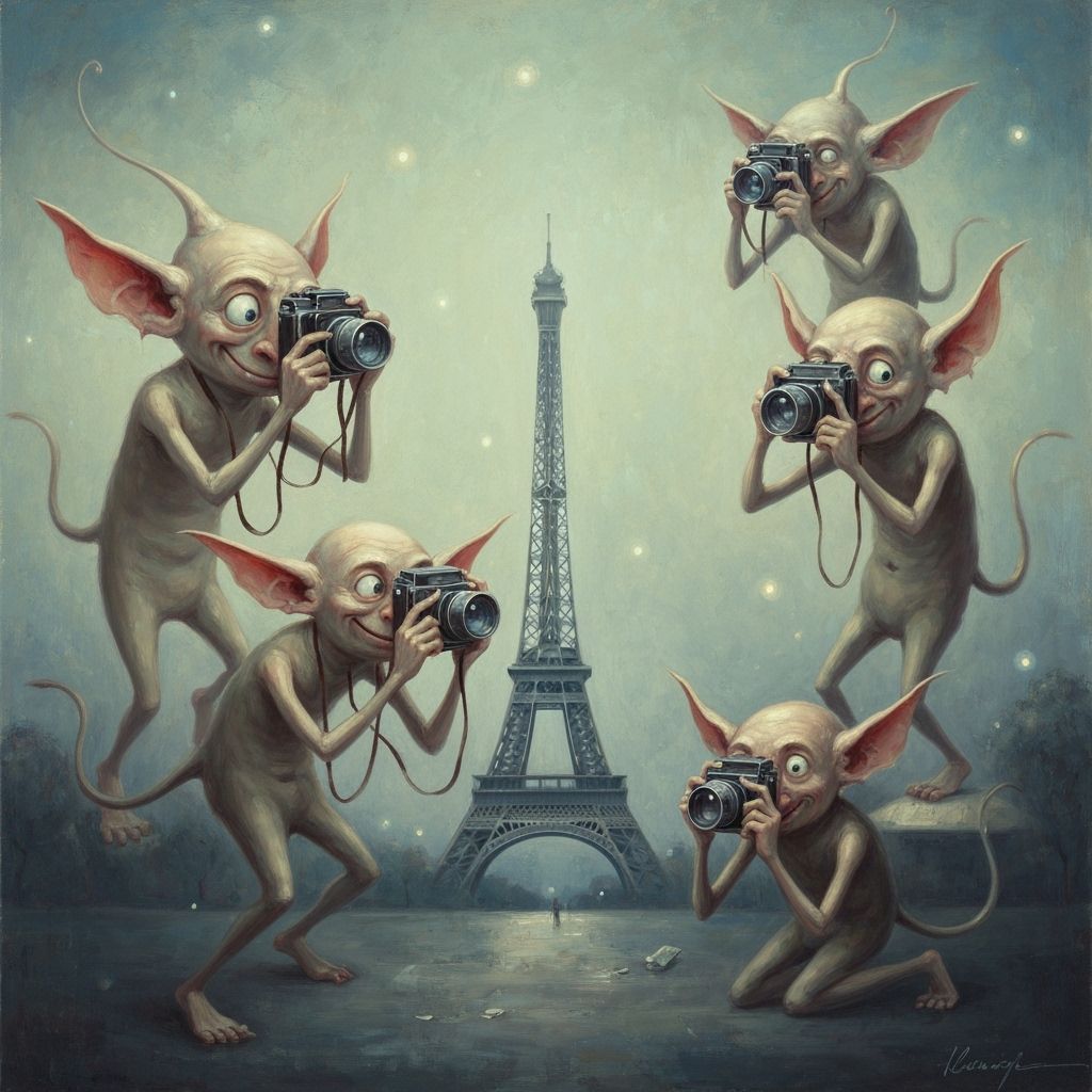 Whimsical Gremlins Photograph Eiffel Tower in Surreal Painti...