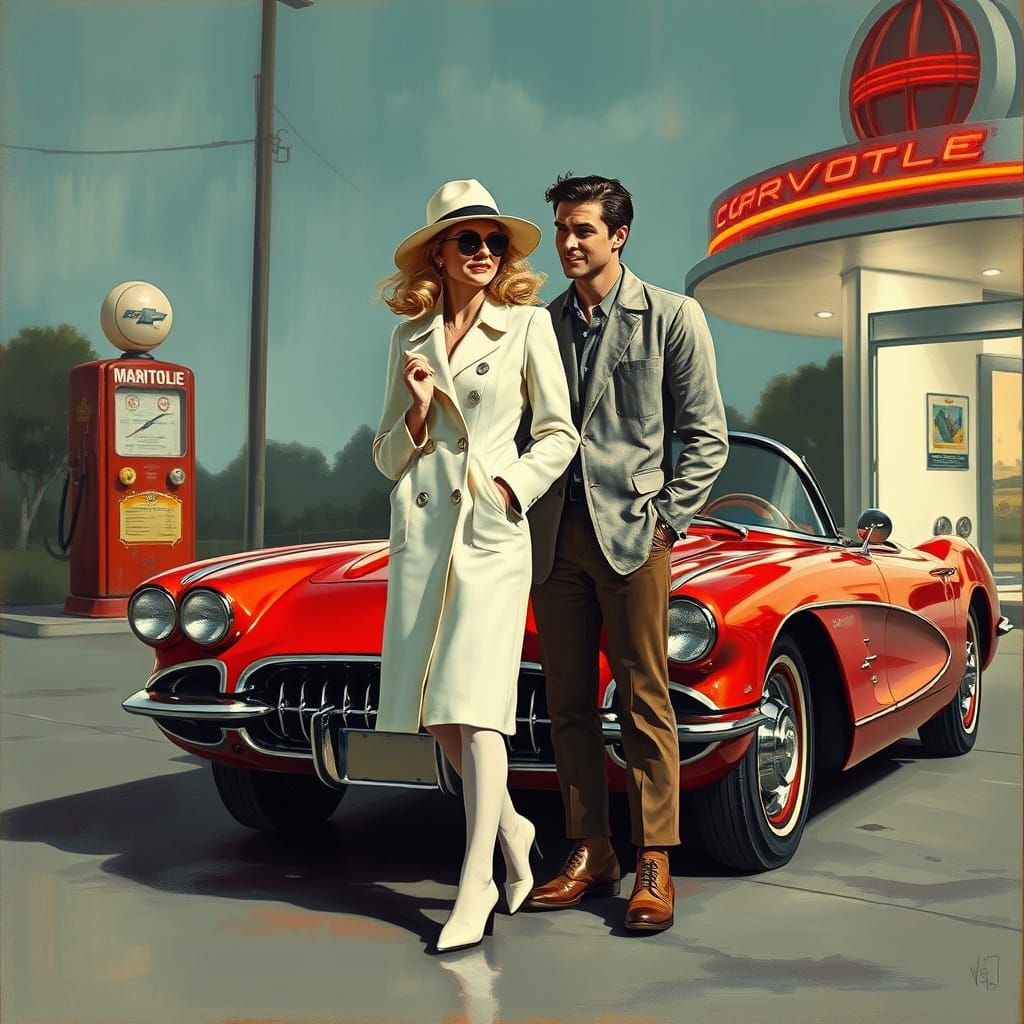Retro 60s Couple at Gas Station as Oil Painting