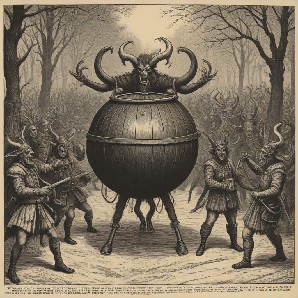 Woodcut of a Vibrant Krampus Festival in Traditional Regalia