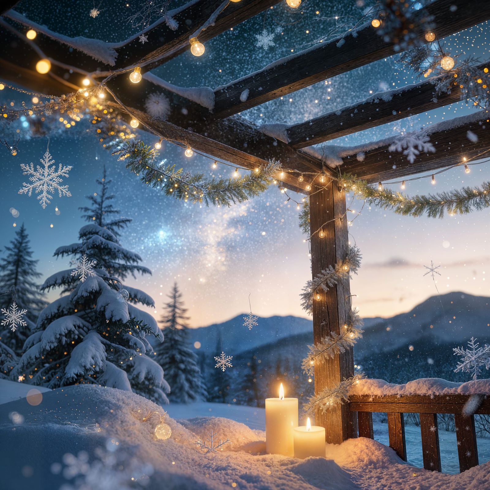 Snowy Christmas Landscape with Twinkling Lights