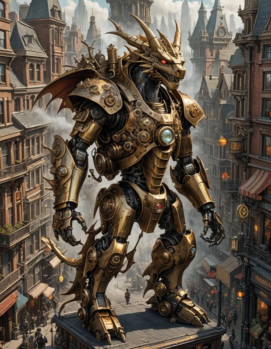 Steampunk Dragon Mecha Over Victorian City