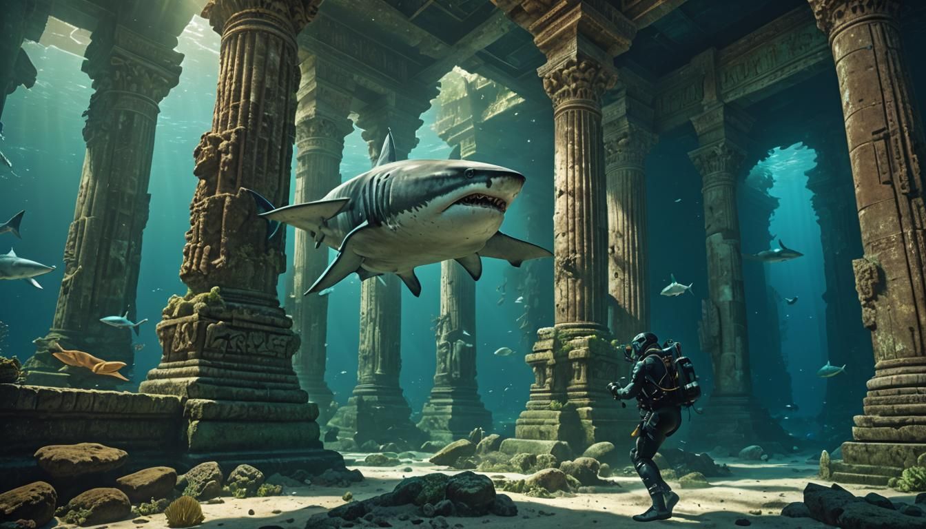 Cyberpunk Scuba Diver Battles Shark in Underwater Temple