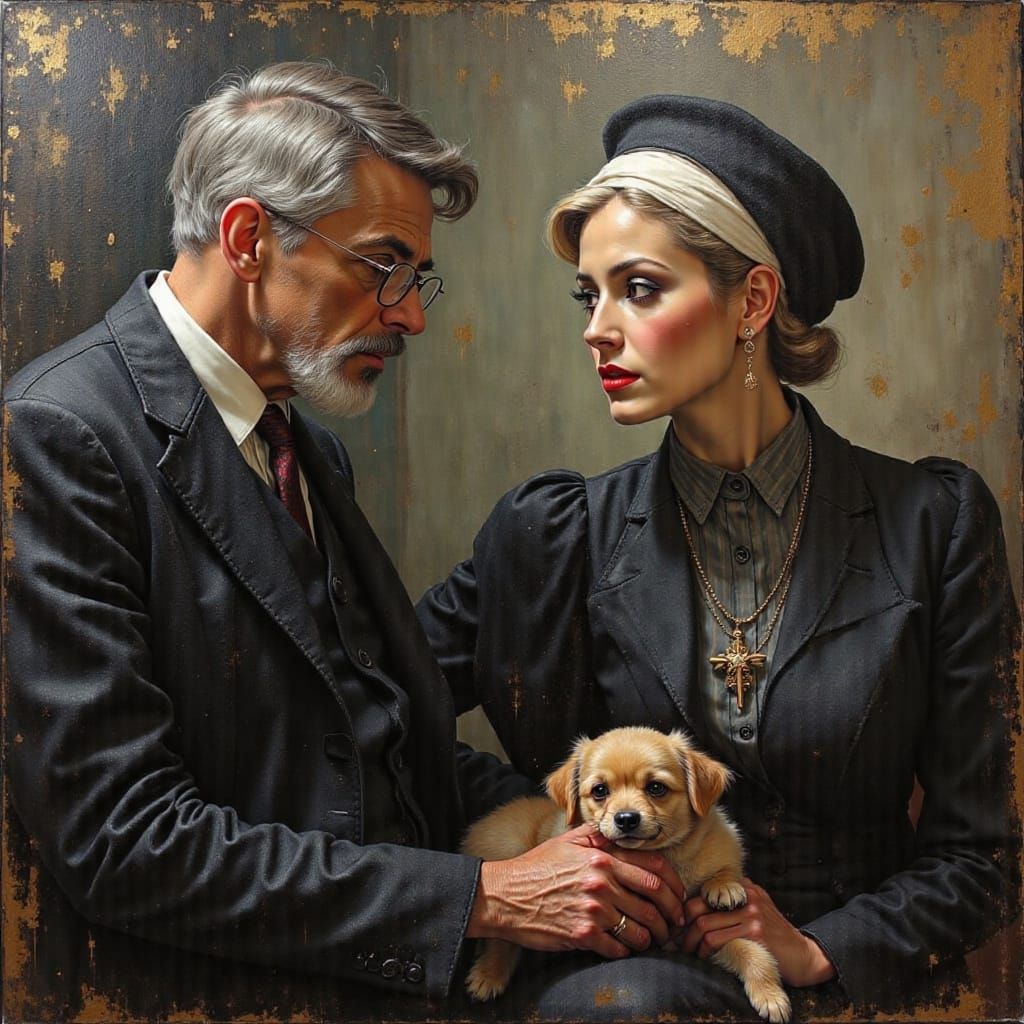 Textured Oil Portrait of Man, Woman, and Pekingese