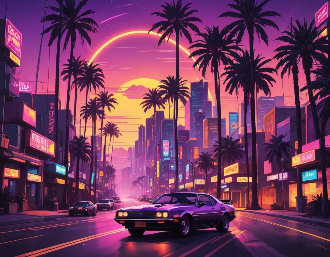 Synthwave Car in Neon City at Sunset