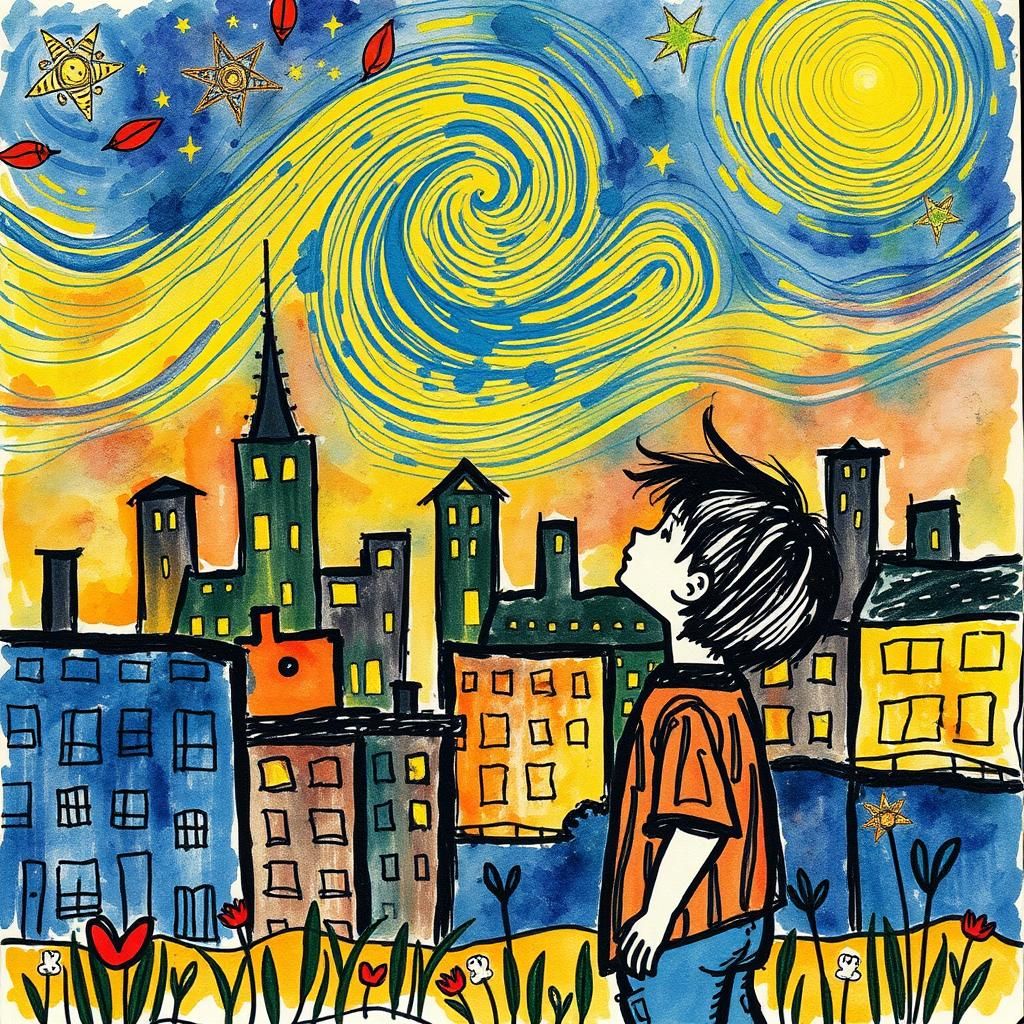 Cosmic Crayon Cityscape in Psychedelic Doodle Style