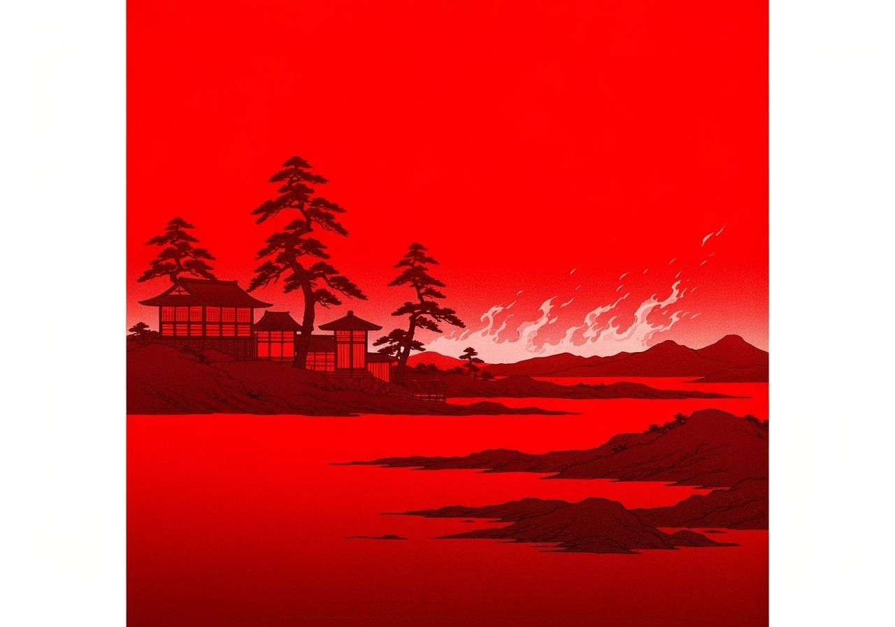 Monochrome Japanese Landscape in Fiery Red Ukiyo-e Style