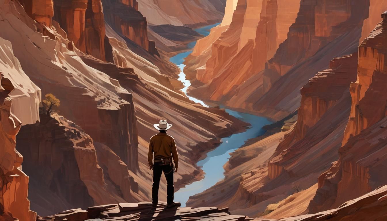Cowboy Contemplates Canyon: Minimalist Abstract Portrait