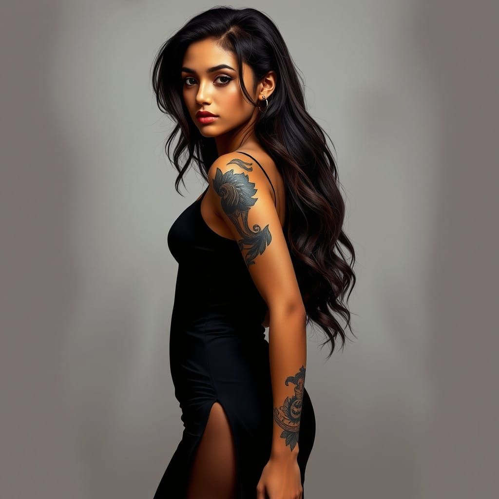 Elegant Woman in Black Dress, Photorealistic Style