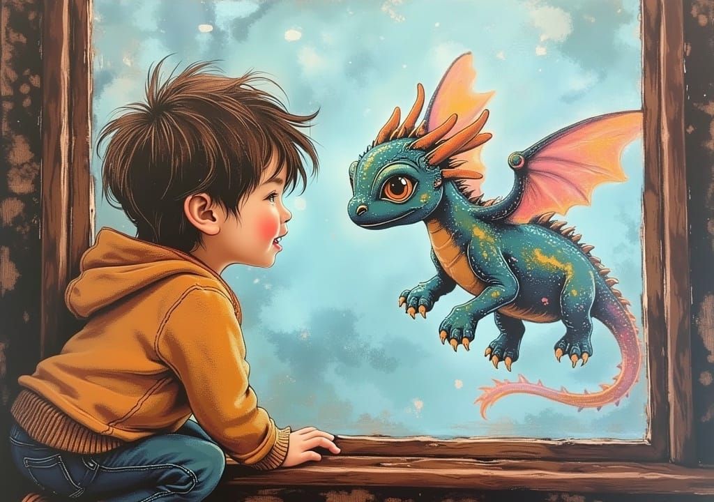 Boy and Dragon at the Window, Whimsical Illustration