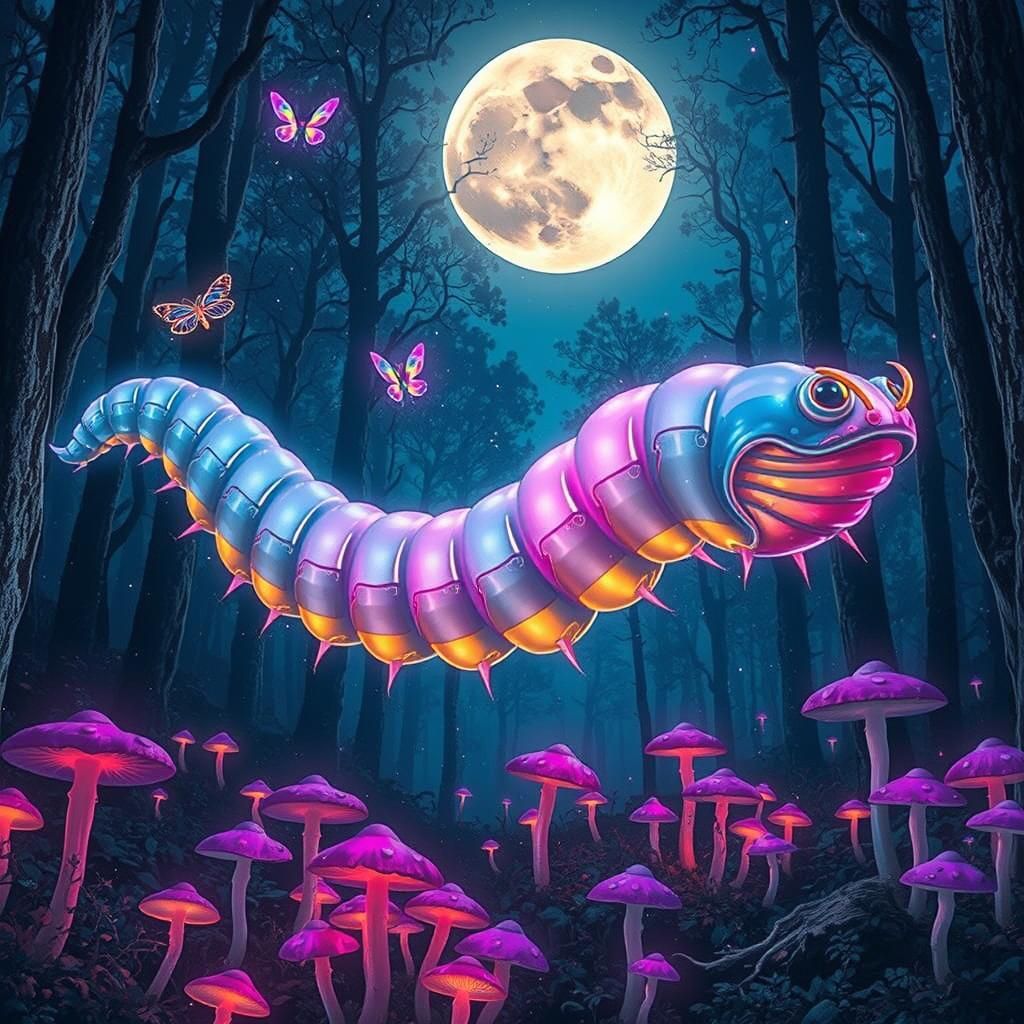 Neon Caterpillars in Mystical Forest as Post-Impressionist A...