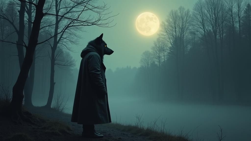 Contemplative Lone Wolf in Eerie Forest