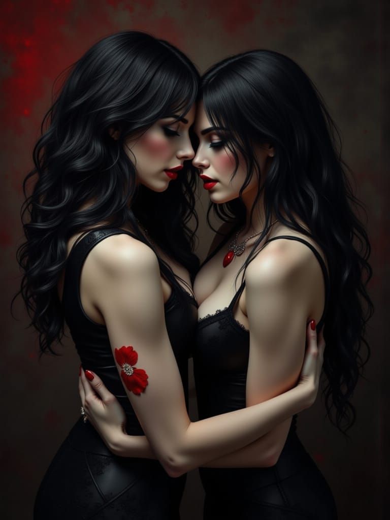 Sensual Vampires Hugging in Deep, Dramatic Colors