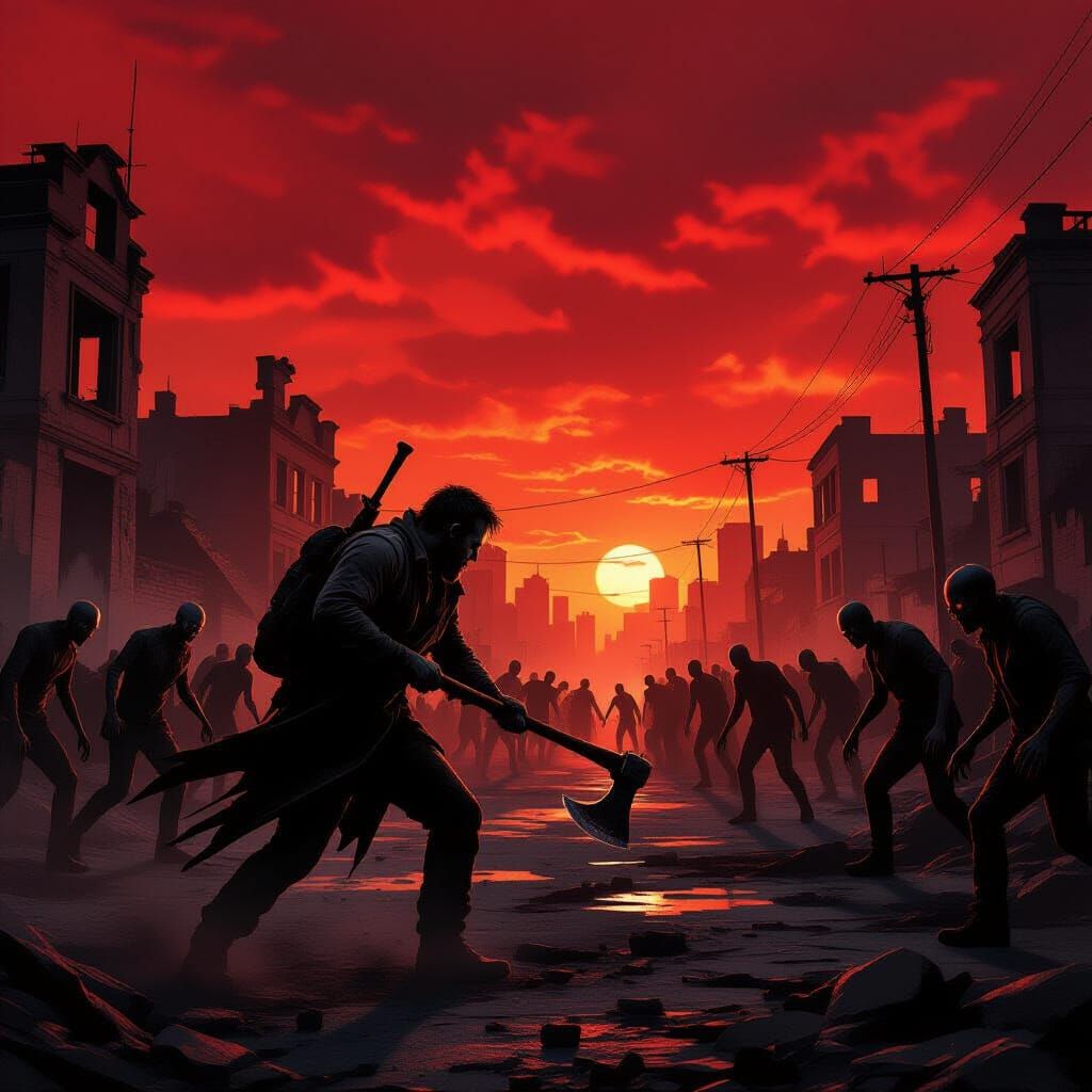 Survivor Fights Zombies in Post-Apocalyptic Cityscape