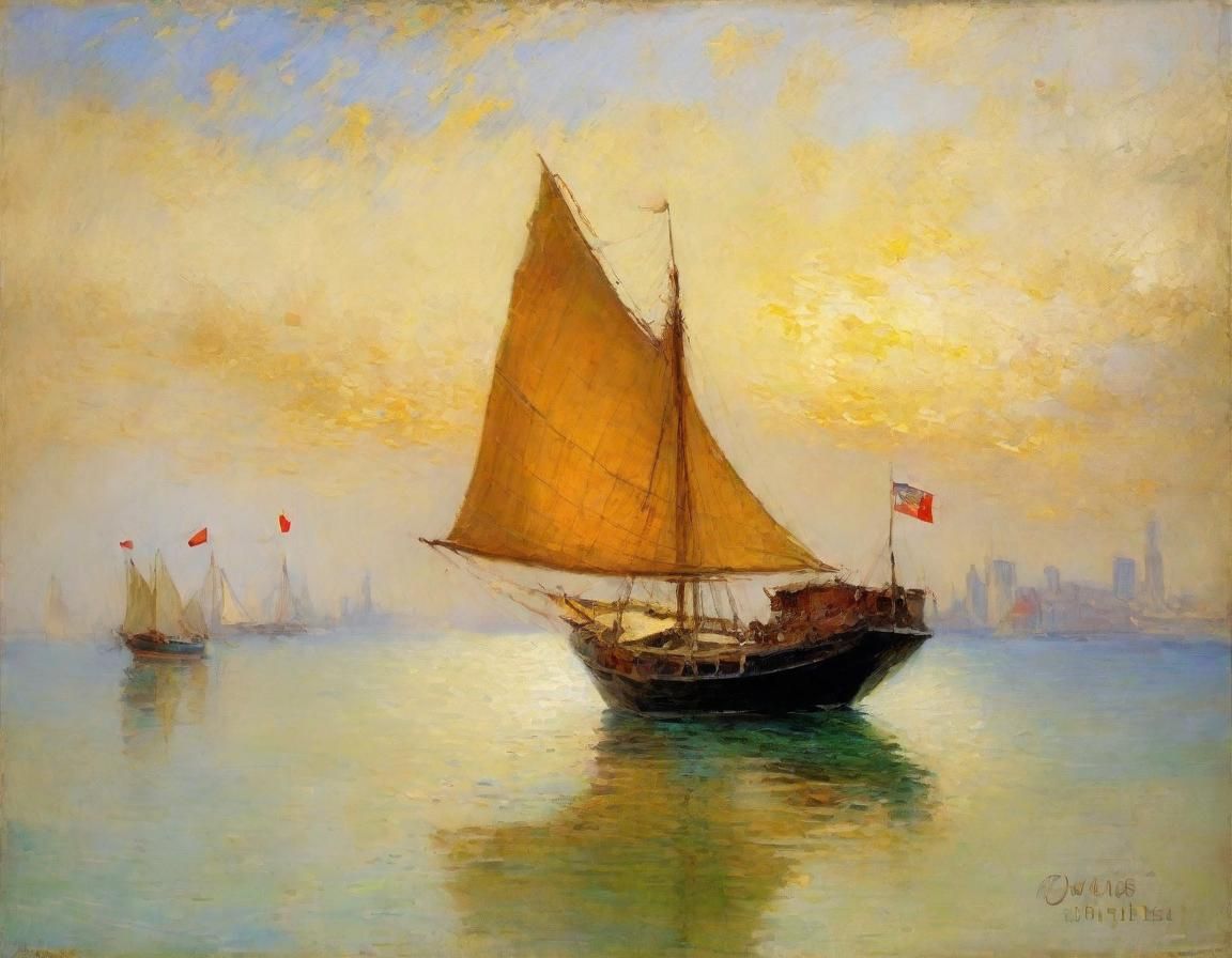 Chinese Junk Boat in Impressionist Harbor Scene