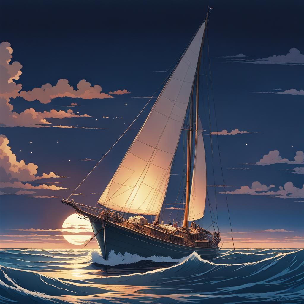 Sailboat at Night: Studio Ghibli Anime Visual