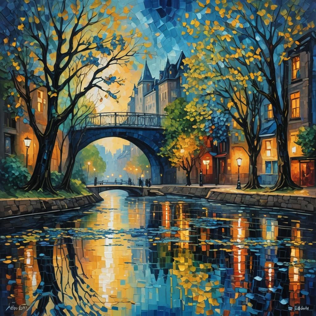 Celestial City River in Neo-Impressionist Style