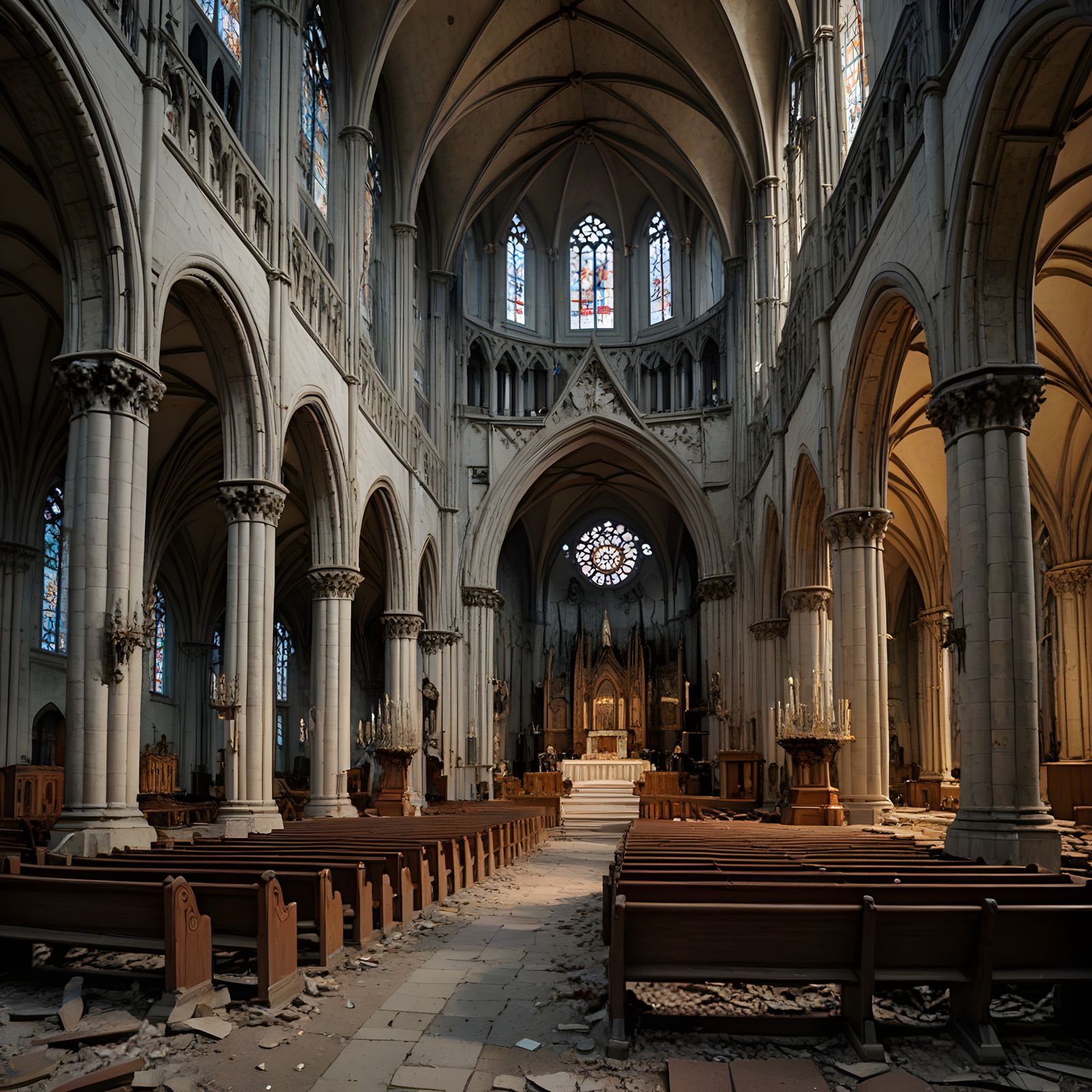 Abandoned Cathedral Interior in Moody Darkness