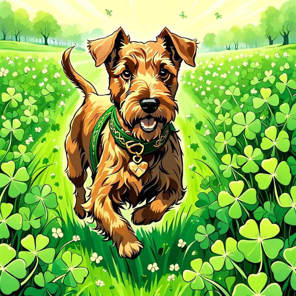 Irish Terrier Runs Through Shamrock Field: Comic Art