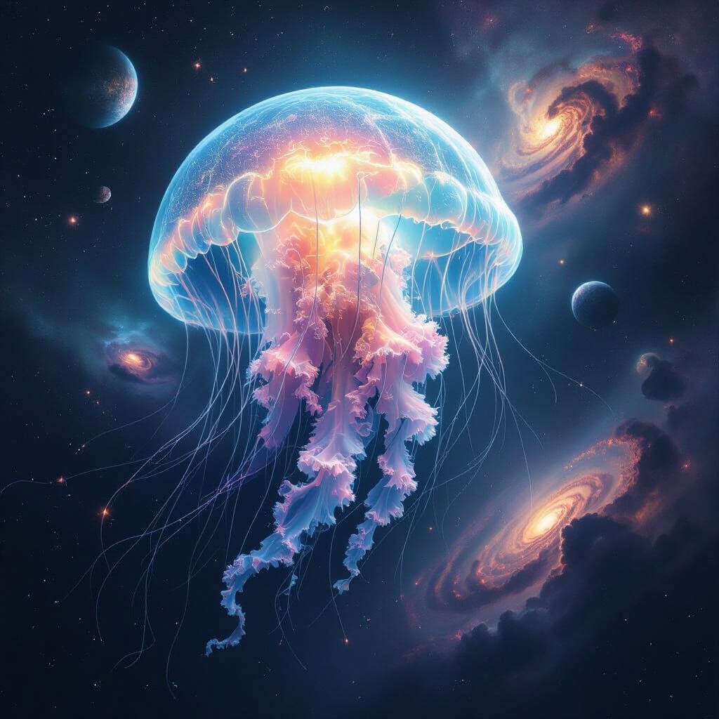 Colossal Bioluminescent Jellyfish in Cosmic Deep Space