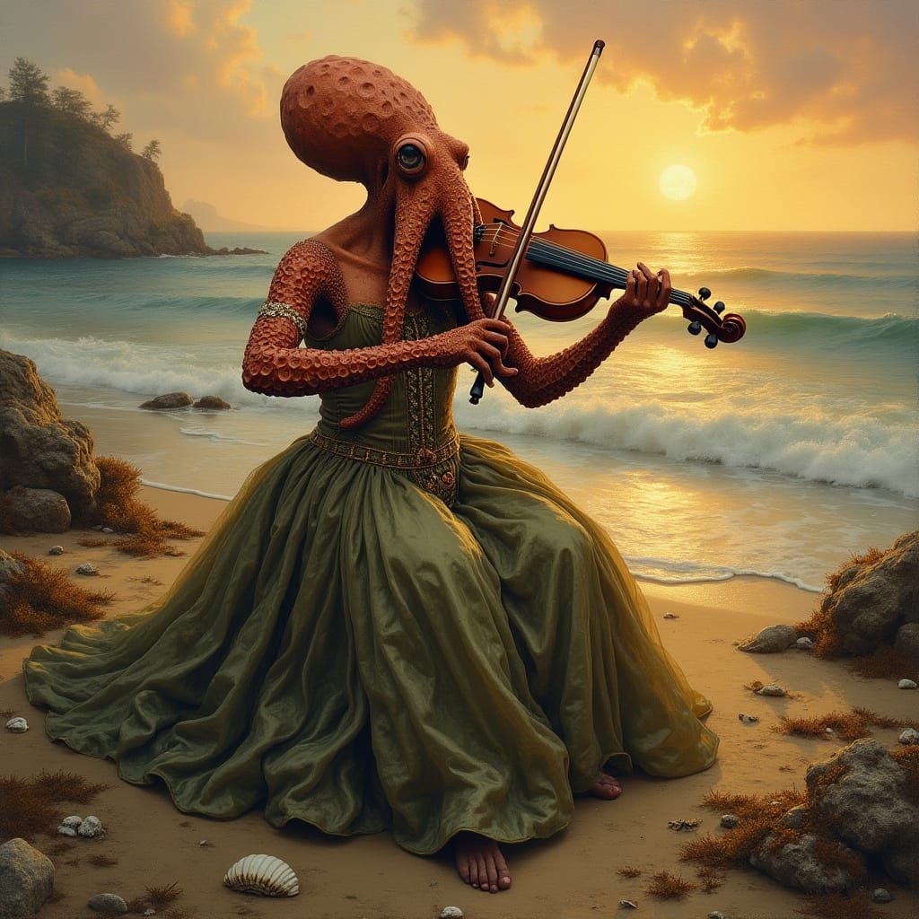Octopus Violinist Performs on Rocky Shore: Oil Painting