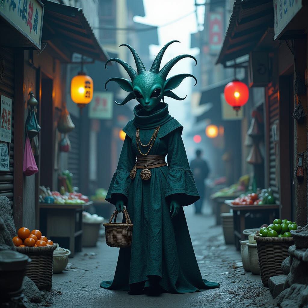Alien Merchant in Gritty Afrofuturist Alley
