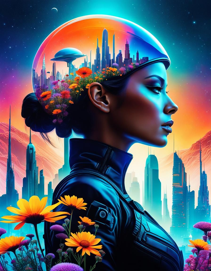 Futuristic girl and Martian city