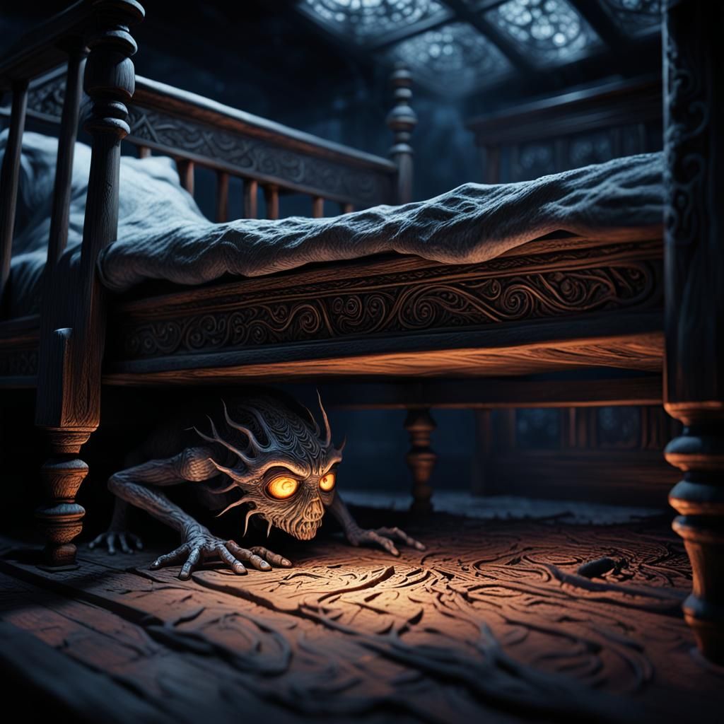 Ember Eyes Lurk Under Bed: Dark Fantasy Art