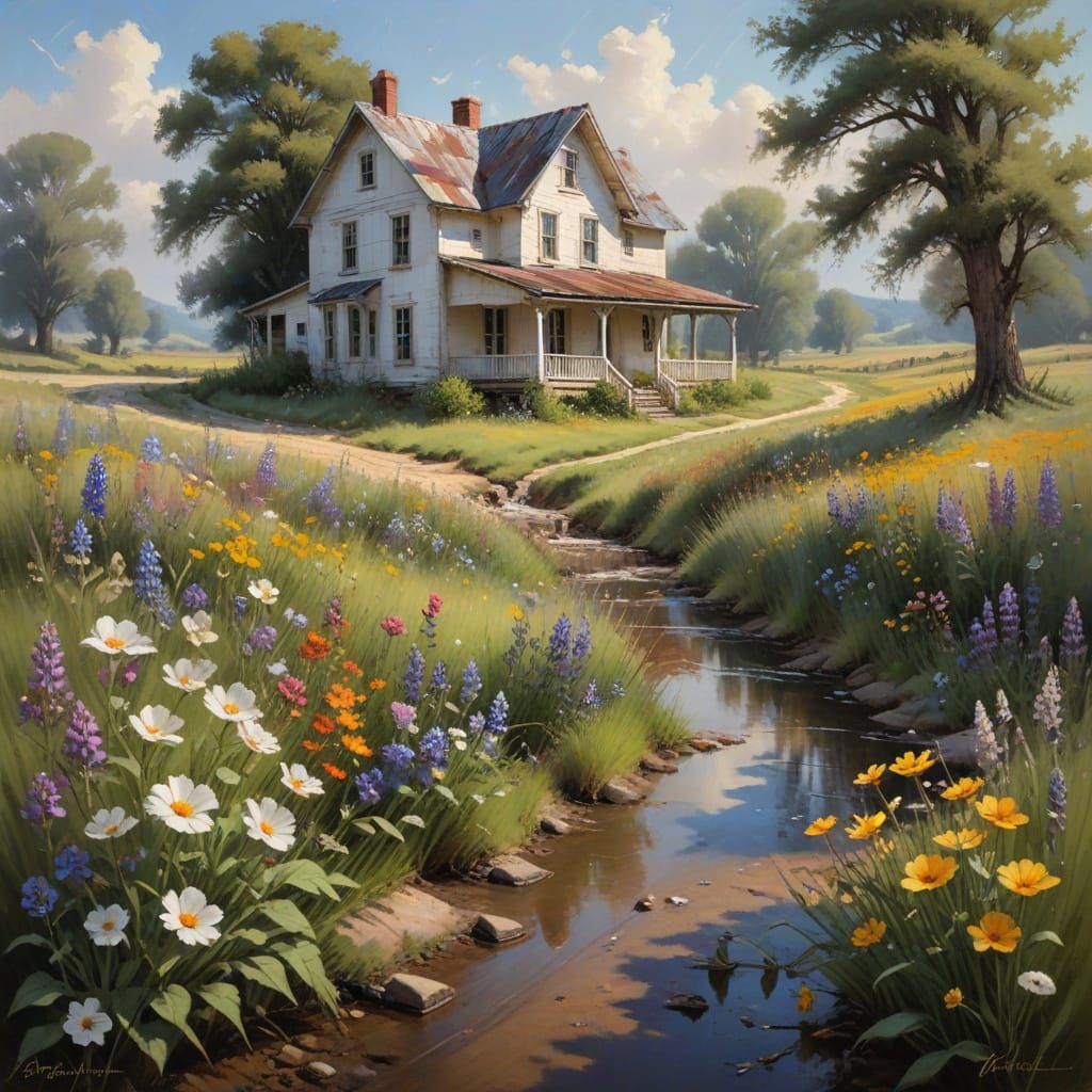Farmhouse in Wildflower Meadow, Hyperrealistic Conte Crayon ...
