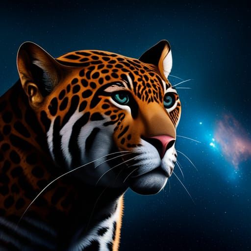 A beautiful jaguar with a galactic backdrop