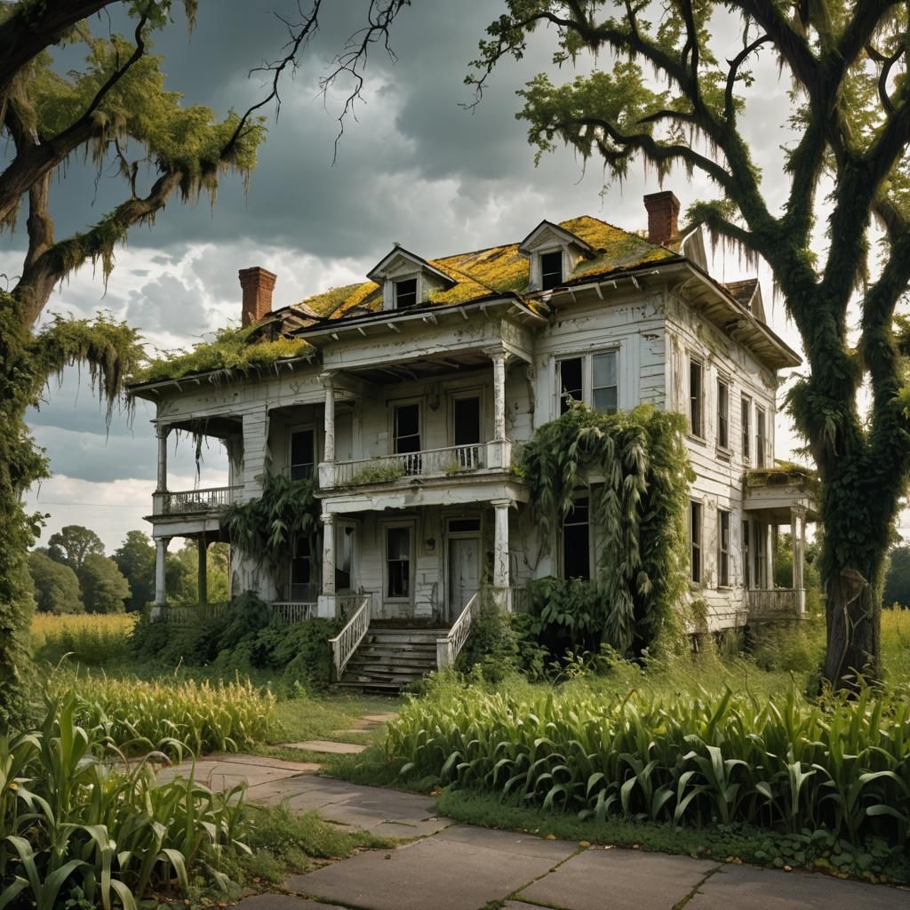 Dilapidated House Amidst Cornfield Under Stormy Sky