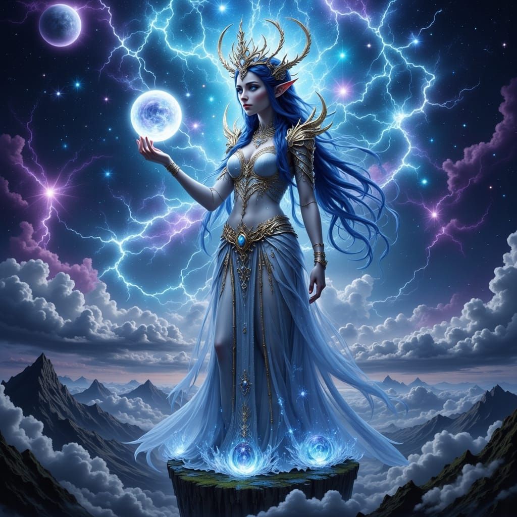 Elven Celestial Goddess with Glowing Orb in Nebula