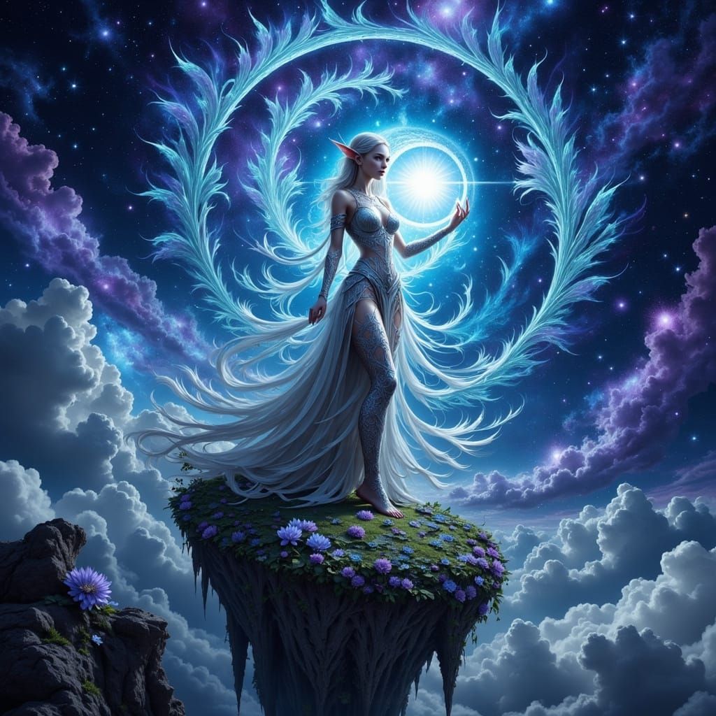 Elven Celestial Goddess with Glowing Orb in Nebula