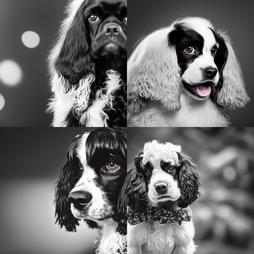Fluffy Cocker Spaniel Christmas Portrait in Black and White