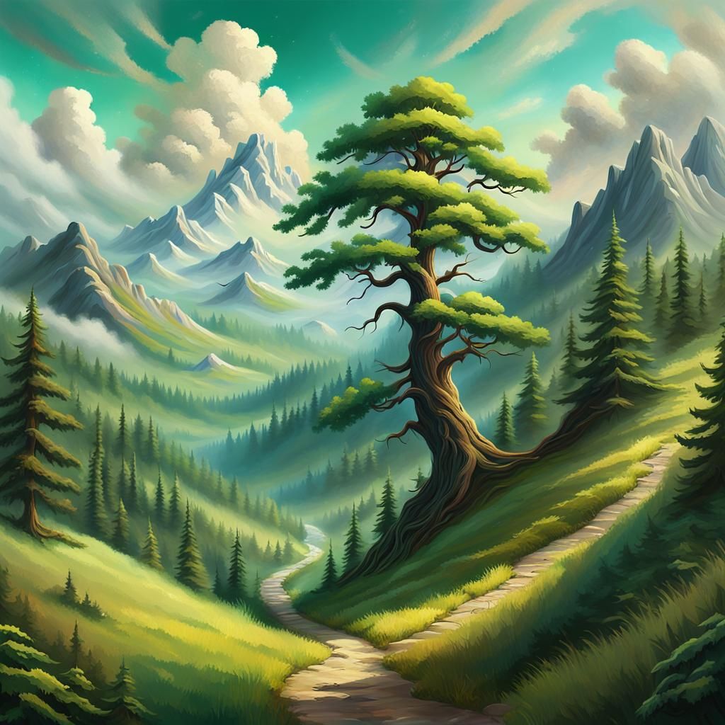 Blissful Landscape with Giant Tree in Oil Painting Style
