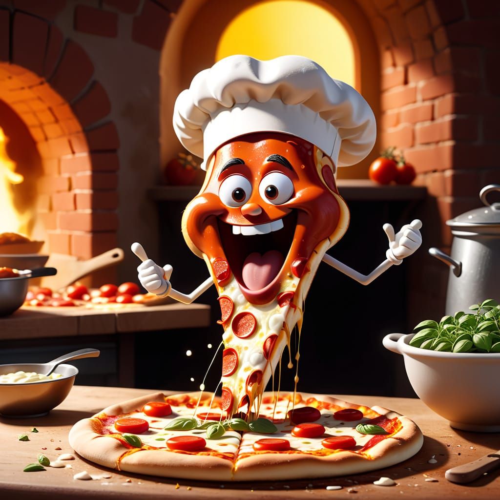 Whimsical Pizza Slice Chef in Animated Style