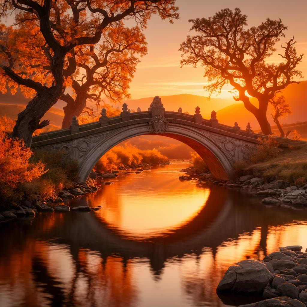 Weathered Stone Bridge at Golden Hour Sunset