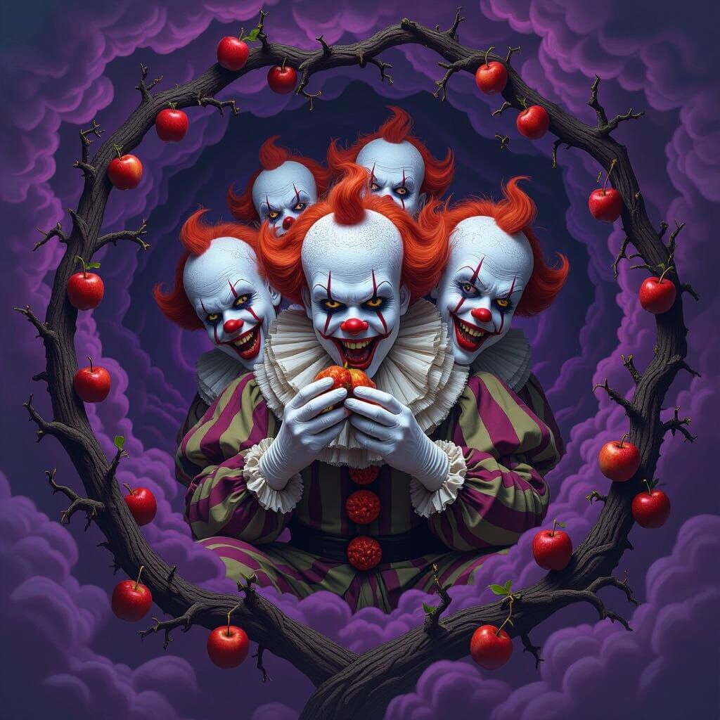 Creepy 6-Headed Clown Eating Figs from Heads in Purple Cloud...