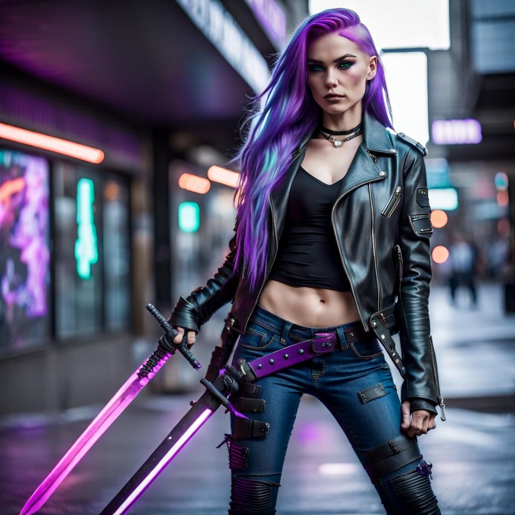 Cyberpunk Lynx Woman Warrior with Neon Hair