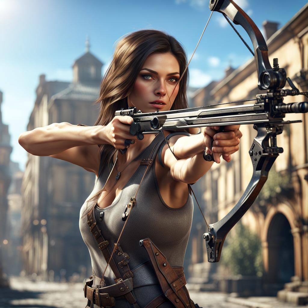 Brunette Aims Crossbow in Cinematic Street Scene