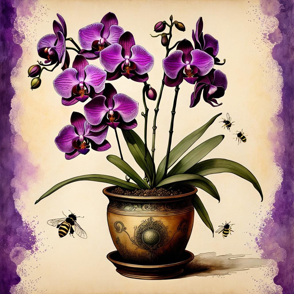 Art Nouveau Orchid Illustration on Parchment