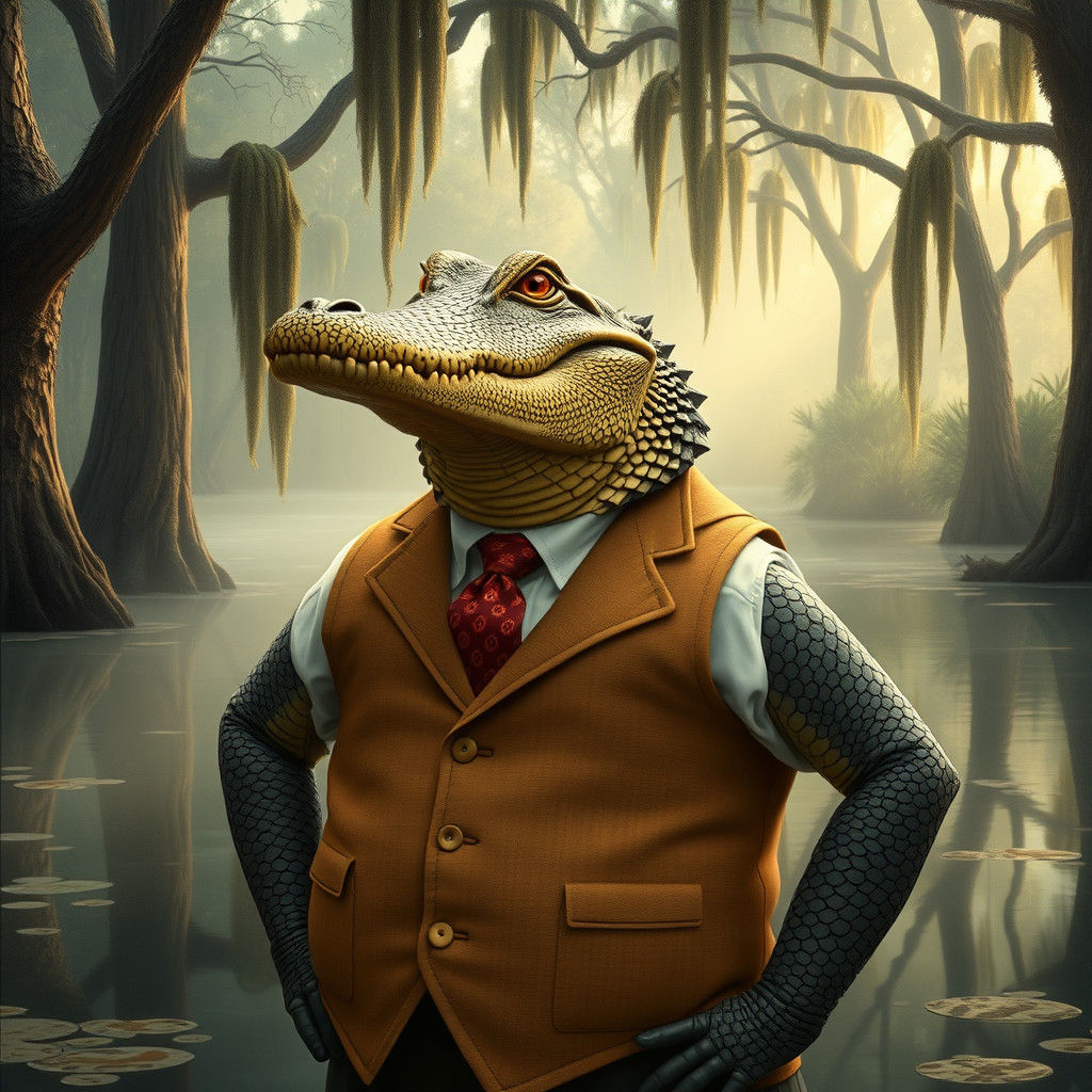 Alligator in Vest, Detailed Wildlife Illustration