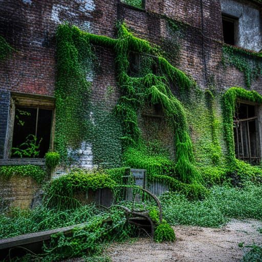 vines growing on the abandoned building, moss growth