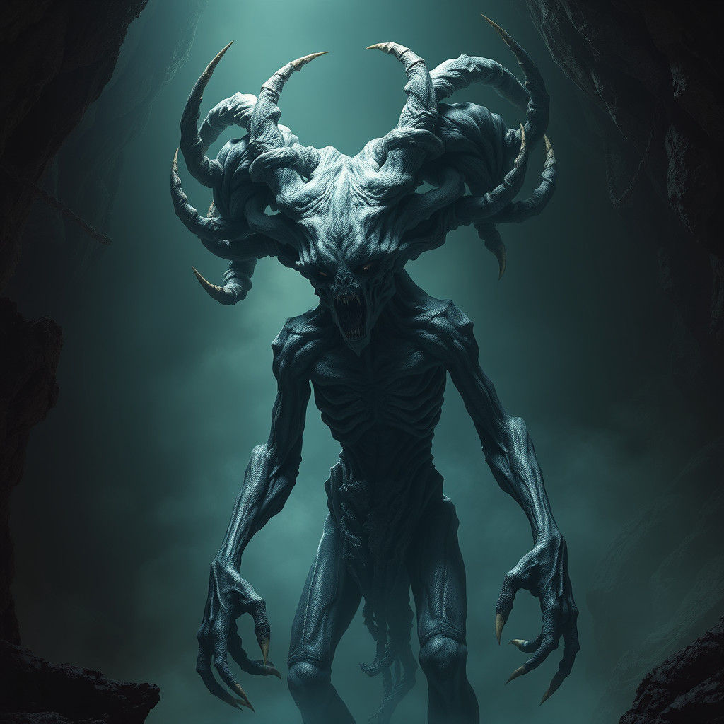 Grotesque Demon God in Dim Cavern: Dark Fantasy Scene