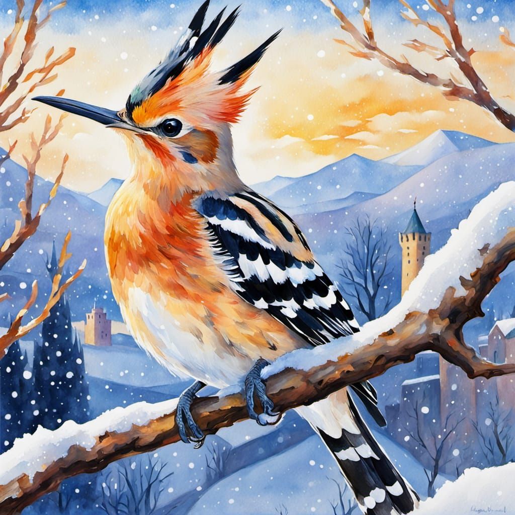 Hoopoe Bird in Winter Wonderland Impressionism